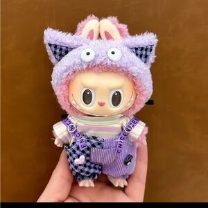 Labubu Cute Purple Cat-Eared Hat with Purple Overalls and a White Shirt